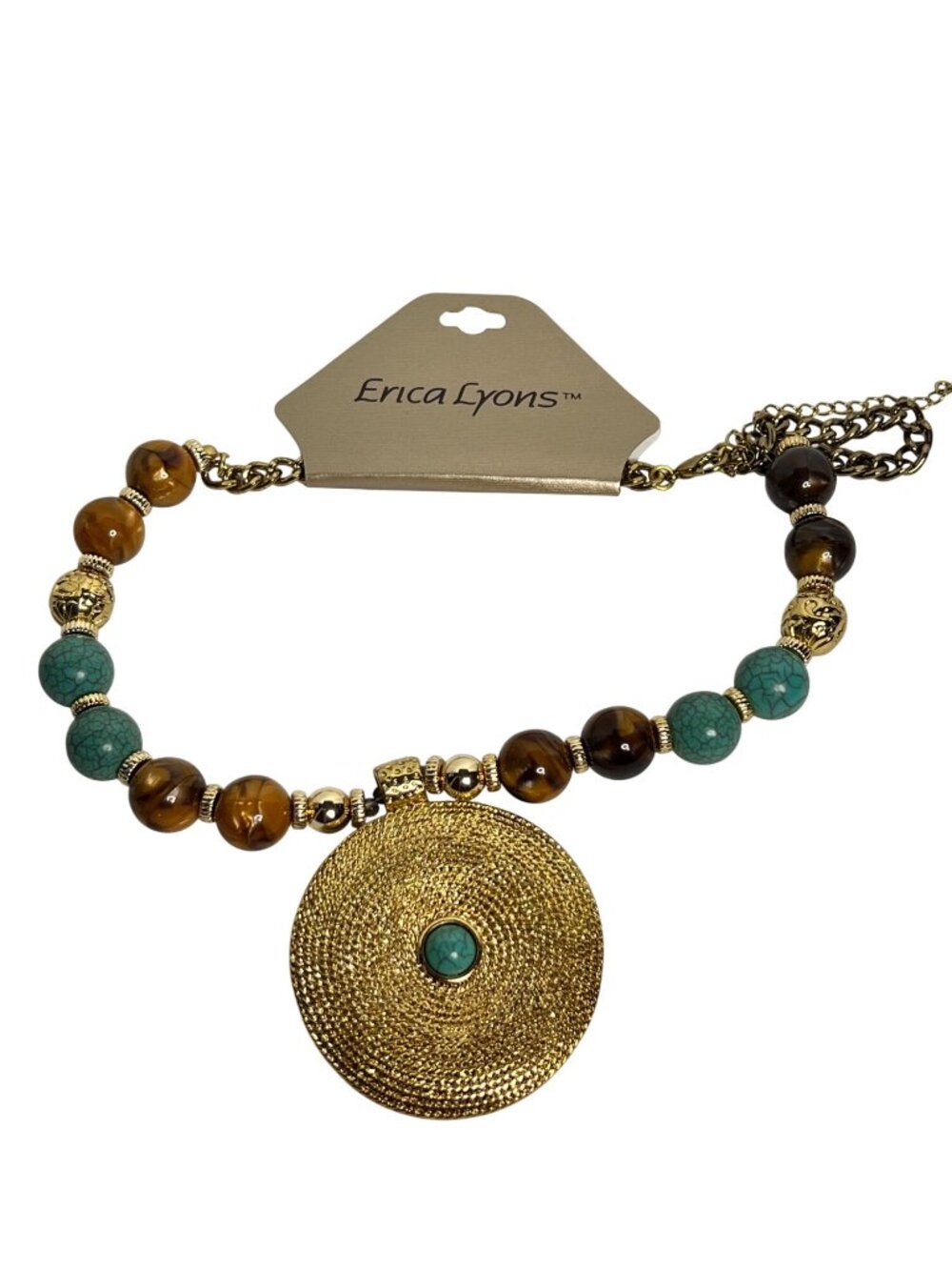 Erica Lyons Gold Tone Faux Turquois and Brown Bead Statement Necklace (6312) - Picture 5 of 8